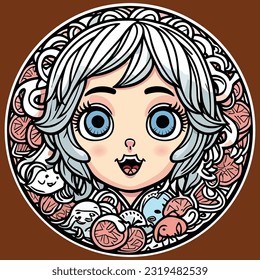 Avatar Chibi anime girl cartoon logo sticker with design, outline, mandala, tattoo, flower, sketch, ornament in round circle