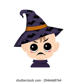 Avatar of child with angry emotions, grumpy face, furious eyes in pointed witch hat with bats. The head of toddler with rude face. Halloween party decoration