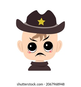 Avatar Of Child With Angry Emotions, Grumpy Face, Furious Eyes In Sheriff Hat With Yellow Star. Cute Kid With Furious Expression In Carnival Costume For The Holiday. Head Of Adorable Baby