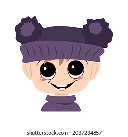 Avatar of a child with big eyes and a wide happy smile in a violet hat with a pom pom. Head of a toddler with a joyful face