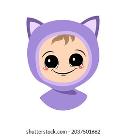 Avatar of a child with big eyes and a wide smile in a cat hat. A cute kid with a joyful face in an autumnal or winter headdress. Head of adorable baby with happy emotions