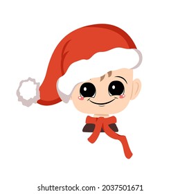 Avatar of a child with big eyes and a wide happy smile in a red Santa hat. Cute kid with a joyful face in a festive costume for new year and Christmas. Head of adorable baby with joyful emotions