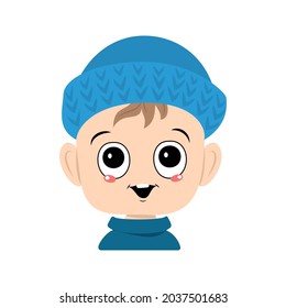 Avatar of a child with big eyes and a wide smile in a blue knitted hat. A cute kid with a joyful face in an autumnal or winter headdress. Head of adorable toddler with happy emotions