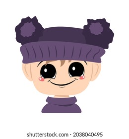 Avatar of a child with big eyes and a wide happy smile in a violet hat with a pom pom. Head of a toddler with a joyful face