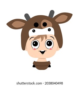 Avatar of a child with big eyes and a wide happy smile wearing a cow hat. Head of a cute kid with a joyful face