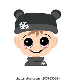 Avatar of a child with big eyes and a wide smile in a bear hat with a snowflake. A cute kid with a joyful face in an autumnal or winter headdress. Head of adorable baby with happy emotions
