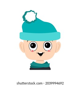 Avatar of a child with big eyes and a wide happy smile in a blue hat with a pompom. Head of a toddler with a joyful face