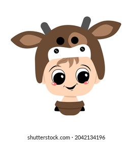 Avatar of a child with big eyes and a wide happy smile wearing a cow hat. Head of a cute kid with a joyful face