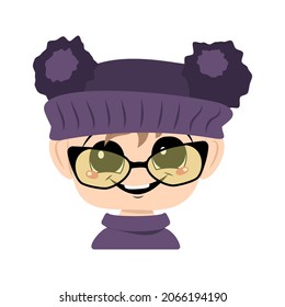 Avatar of a child with big eyes and a wide happy smile in a violet hat with a pom pom. Head of a toddler with a joyful face
