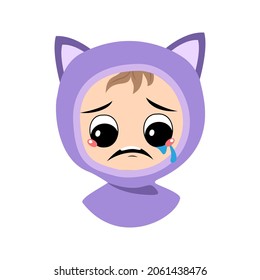 Avatar of child with crying and tears emotion, sad face, depressive eyes in cat hat. Cute kid with melancholy expression in autumnal or winter headdress. Head of adorable baby 