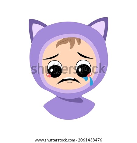 Avatar of child with crying and tears emotion, sad face, depressive eyes in cat hat. Cute kid with melancholy expression in autumnal or winter headdress. Head of adorable baby 