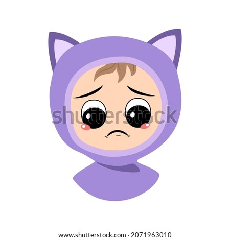 Avatar of child with crying and tears emotion, sad face, depressive eyes in cat hat. Cute kid with melancholy expression in autumnal or winter headdress. Head of adorable baby 