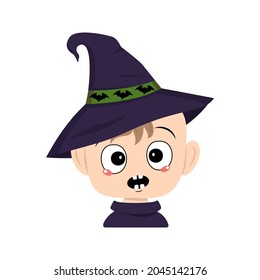 Avatar of a child with emotions panic, surprised face, shocked eyes in a pointed witch hat with bats. The head of a toddler. Halloween party decoration