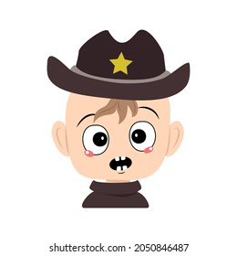 Avatar of child with emotions panic, surprised face, shocked eyes in sheriff hat with yellow star. Cute kid with scared expression in carnival costume. Head of adorable baby