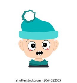 Avatar of child with emotions panic, surprised face, shocked eyes in blue hat with pompom. Head of toddler with scared expression