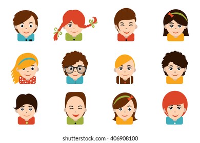 Avatar children people head. Various cartoon modern happy faces. Flat design vector illustration.