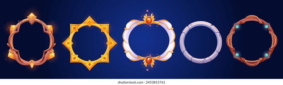 Avatar circle decorative frames for game ui design. Cartoon vector illustration set of medieval golden, metal, stone and wooden ring borders with gemstones and empty space for achievement and award.