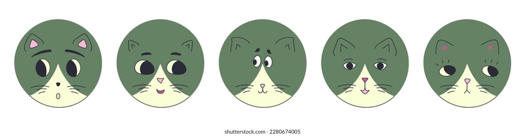 Avatar collection, black eyes cats. Facial expressions, diverse faces, pet illustration. For wrapping paper, textile, branding
