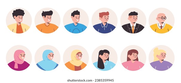 Avatar collection flat illustration of graphic cartoon character diverse multiethnic portrait in circle 