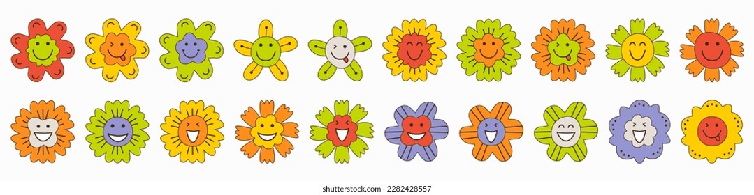 Avatar collection, optimistic flowers. Vector characters, variety emoticons, smiling face. Design for stationery, branding
