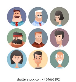 Avatar collection. People faces in circle frames. Vector eps10.