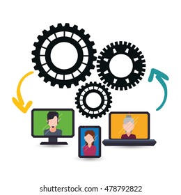 avatar computer laptop smartphone gears teamwork support collaborative cooperation work icon set. Colorful design. Vector illustration