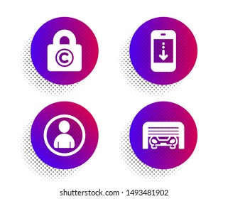 Avatar, Copyright locker and Scroll down icons simple set. Halftone dots button. Parking garage sign. User profile, Private information, Swipe phone. Automatic door. Business set. Vector