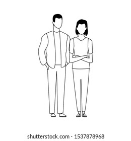 avatar couple standing icon over white background, black and white design. vector illustration