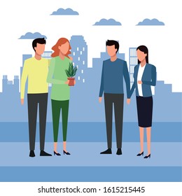 Avatar couples standing over blue city urban background, colorful design, vector illustration