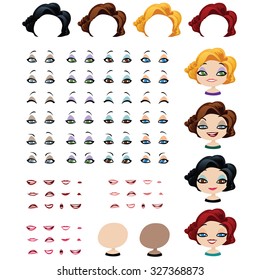 Avatar creation kit. Fashion female avatars. Set of expressions. Graphic elements for self-generation of avatars.