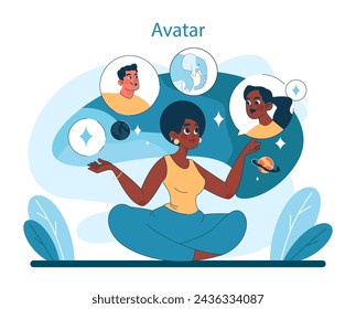 Avatar Creation in Virtual Tourism. A content creator designs diverse avatars, showcasing the personalization possible in virtual worlds. Vector illustration.