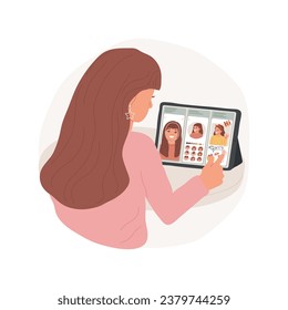 Avatar creator isolated cartoon vector illustration. Happy teen girl with self-portrait on device screen, creating avatar using tablet, emoji maker app, social media addiction vector cartoon.