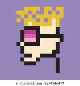 Avatar Crypto art NFT token. Male face in Pixel style NFT token technology digital crypto art. Flat pixel man face character. Pixel avatar Crypto Guy with pink glasses and blonde hair. 