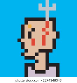 Avatar Crypto art NFT token illustration. Male face in Pixel style NFT technology digital crypto art. Flat pixel man face character. Pixel avatar with sword in head and blood line. 