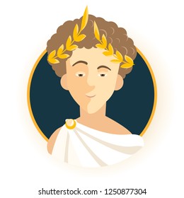 Avatar of curly smiling guy with a golden wreath on his head. Haughty guy with a raised eyebrow.