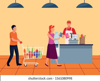 avatar customers at supermarket cash register, colorful design , vector illustration