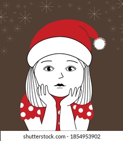 Avatar of a cute, adorable, pretty girl in a red santa claus hat. Child in a dress with polka dots. Illustration with black outline.