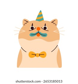 Avatar de gato bonito com cara de palhaço. Retrato de gatinho feliz com boné e gravata borboleta. Gatinho engraçado é em traje de arlequim. Animal de estimação cômico, animal doméstico. Ilustração de vetor isolado plano em branco