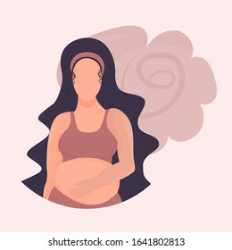Avatar, cute pregnant woman holds her hand on her stomach. Vector, flat cartoon style. Can be used to illustrate cosmetics for pregnant women.