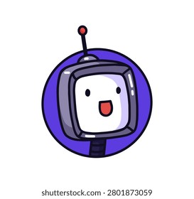 Avatar of cute robot with surprised expression. Circle portrait of funny computer character for user profile. Icon with astonished face of AI bot. Flat isolated vector illustration on white background