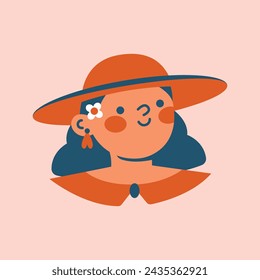 Avatar de la chica adolescente linda, niño, niña de la escuela retrato. Cara en sombrero, cuello. Clip art abstracto con niños de dibujos animados. Día Mundial del Niño. Poder femenino. Diseño plano.