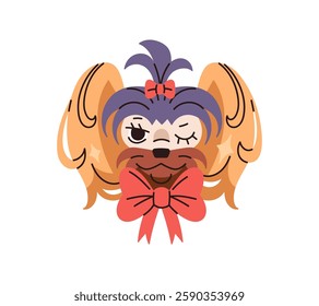 Avatar of cute Yorkshire terrier decorated with red ribbon bows. Portrait of happy little dog of toy breed. Muzzle of funny pup. Joyful puppy is winking. Flat isolated vector illustration on white