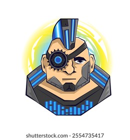 Avatar cyberpunk man with a bionic eye and futuristic implants, exuding confidence and showcasing advanced technology in a vibrant, stylized illustration