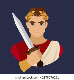 The avatar depicts a man with a golden laurel wreath on his head, wearing a red shirt in the Roman-Imperial style with a golden toga. Historical costumes. Flat illustration.