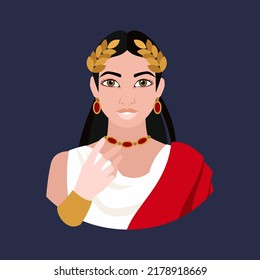 The avatar depicts a woman with a golden laurel wreath on her head, in a white dress in the Roman-Imperial style with a red toga. historical costumes. Flat illustration.
