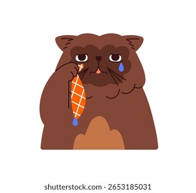 Avatar de gato deprimido enxugando lágrimas com lenço. Retrato de gatinho chorando triste. Kitty com emoções tristes e infelizes no rosto arrependido. Ilustração de vetor isolado plano sobre fundo branco
