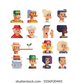 Avatar design pixel art video game characters set. Game assets. 8-bit sprite. Sticker design. Set of flat people portraits. Male and female faces, user pic. Isolated vector illustration.