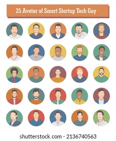 Avatar of diverse smart startup tech guy. Male face portrait set isolated on colorful circle background. Vector illustration design.