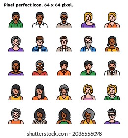 Avatar Diversity Of Race, Gender, Age And Dressing Flat Line Vector Icon Set Such As Girl, Woman And Oldman. Pixel Perfect 64x64 Pixels.