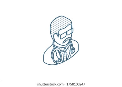 Avatar, doctor whith phonendoscope isometric icon. 3d vector illustration. Isolated line art technical drawing. Editable stroke